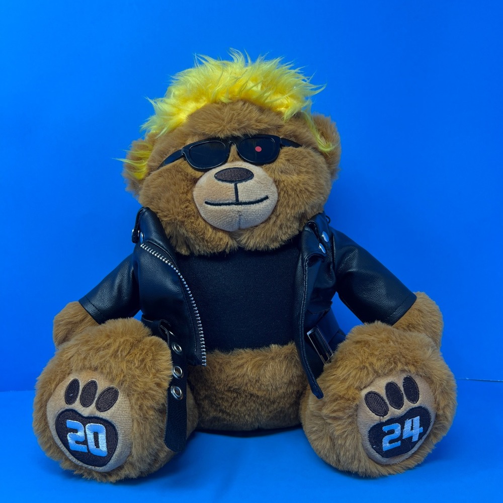 Trumpy Bear Trumpinator Bear Plush 2024 Brown Yellow Biker Jacket Sunglasses 10"
